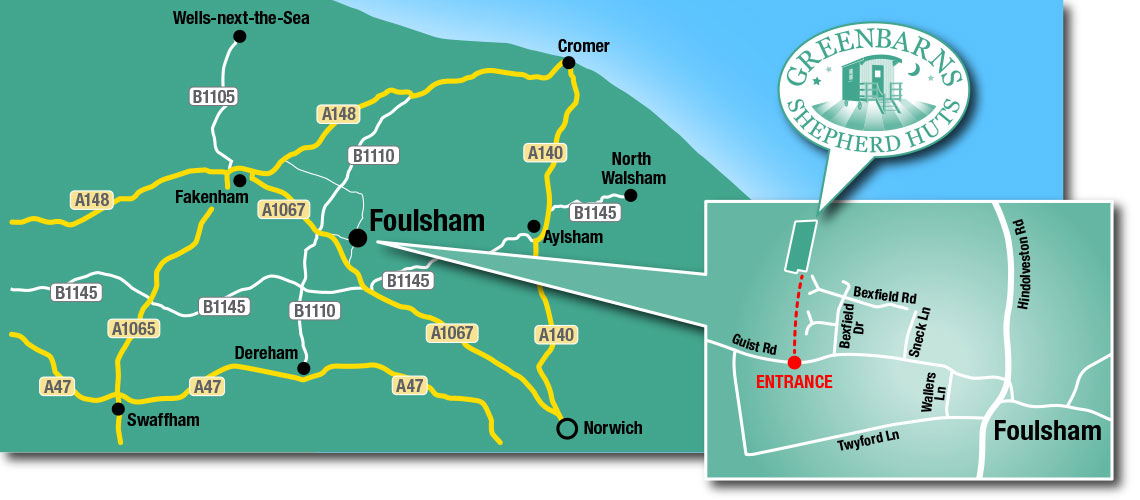 Greenbarns location map showing the entrance to our site on Guist Road on the western edge of the village of Foulsham, Norfolk, UK