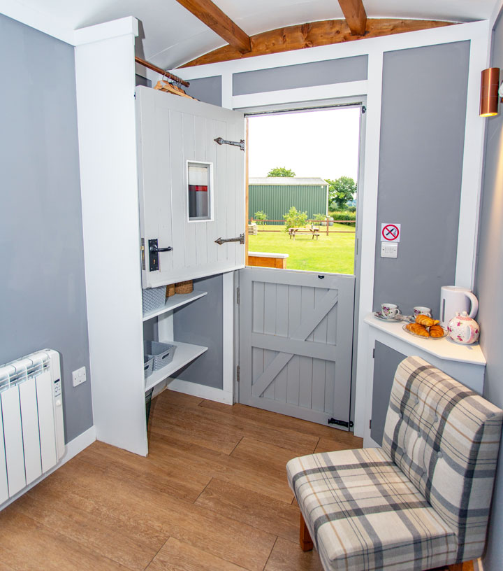 Photo inside our shepherd hut Hedge Betty, providing high quality self-catering holiday accommodation in Norfolk